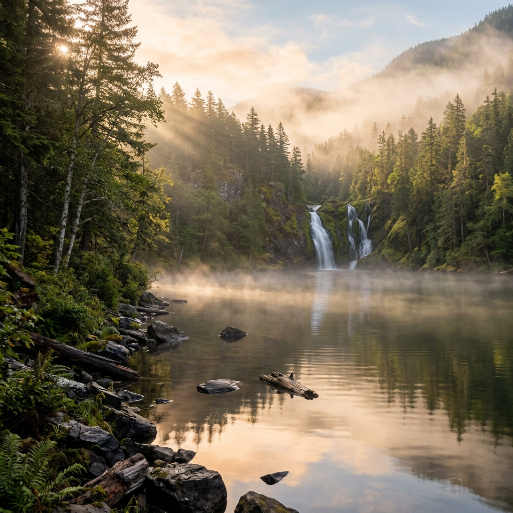 Waterfall cascading into a mist-covered lake surrounded by dense forest